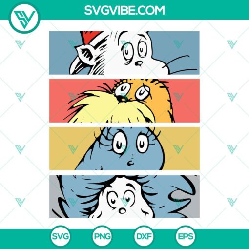 Dr Seuss characters SVG file, including Cat in the Hat, for Dr Seuss Day celebration. Fun and vibrant cartoon design. Great for crafts.