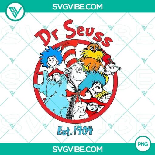 Colorful Dr. Seuss themed circle PNG files with EST 1904 and iconic characters, perfect for download.