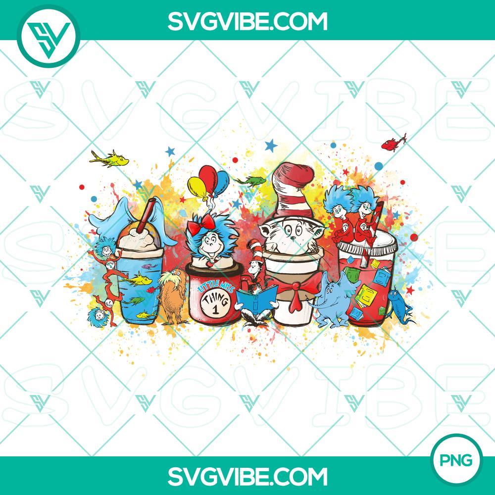 Dr Seuss Coffee Cup PNG Files, Thing One Thing Two Balloons PNG File, Dr Seuss Colorful PNG Images Dr Seuss themed coffee cup, Thing One Thing Two balloons, and colorful PNG images for digital use.