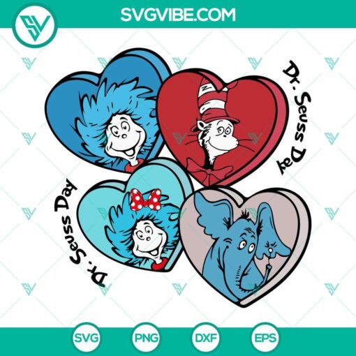 Dr Seuss Day SVG files with Conversation Hearts and Love theme, perfect for Dr Seuss inspired Valentine's Day crafts.
