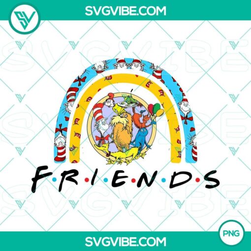 Dr Seuss characters in colorful rainbow design featuring The Lorax balloons and Fox In Socks, PNG files.