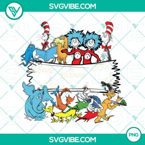 Dr. Seuss friends split monogram PNG files perfect for Read Across America Day celebration. Fun and colorful design for digital projects.
