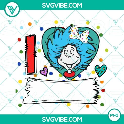Dr. Seuss themed heart-shaped image with custom name text, "I Love Read Dr. Seuss" PNG design. Great for personalized prints or gifts.