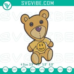 Teddy bear embroidery design, plush digital stitch pattern with Drew theme. Cute and detailed sewing illustration.