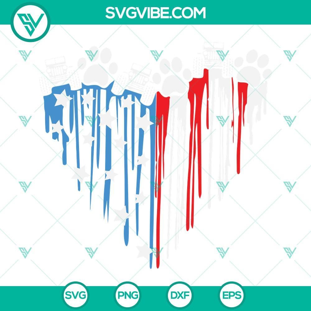 Dripping American Flag Heart Jeep Paws SVG, 4th Of July Jeep And Paws SVG Patriotic SVG featuring a heart with American flag design and Jeep paws, perfect for 4th of July celebrations.