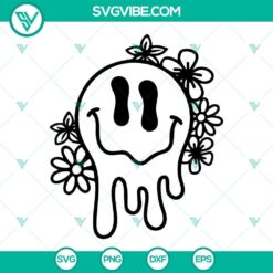 Drippy Smiley Face SVG images, Melted Smiley design in Retro Style, Download PNG, artistic, colorful, emoticon, digital art.