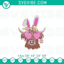 Highland cow in Easter bunny costume embroidery file with heart-shaped pink sunglasses design, cute and festive Easter-themed accessory.