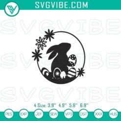 Easter rabbit eggs embroidery design with bunny and flowers, downloadable pattern for crafting projects.