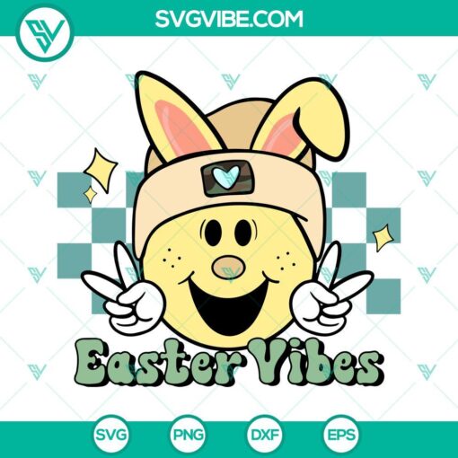 Easter Vibes SVG with Smiley Face, Bunny, and Retro Easter design elements for download. Ideal for Easter crafting projects.