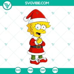Elf Lisa Simpson wearing a Santa hat, festive Lisa Simpson Christmas SVG design for holiday crafts and projects.