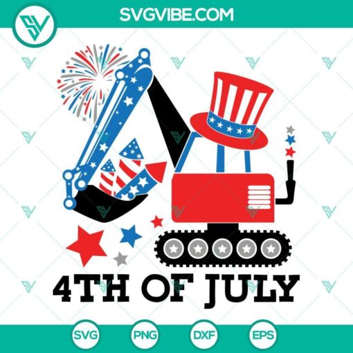 Excavator 4th of July SVG file with festive kids design, perfect for patriotic celebrations. Easy instant download.