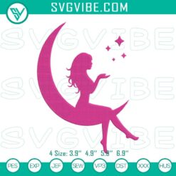 Pink fairy Barbie embroidery design, fairy doll on moon machine pattern, whimsical and enchanting digital product.