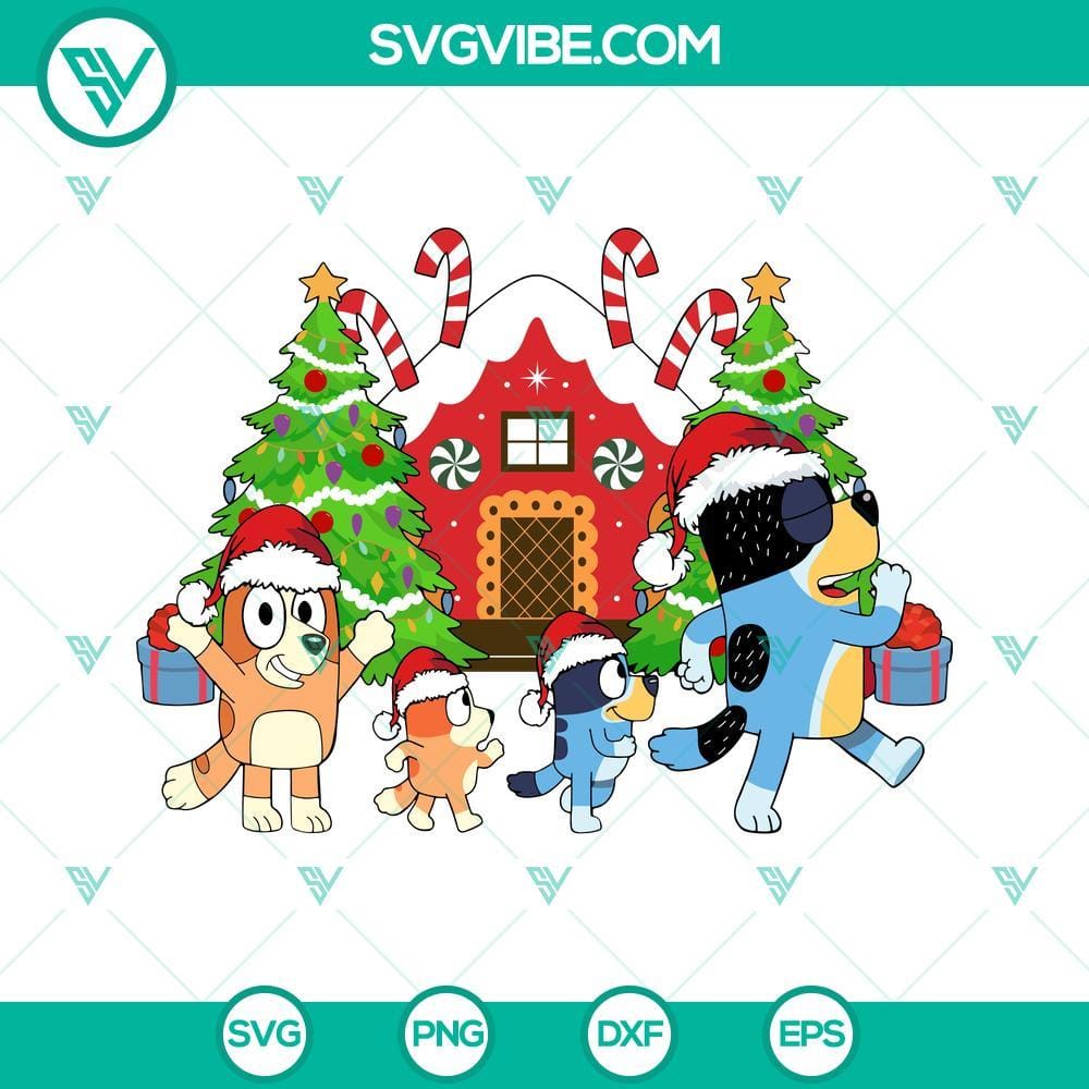 Family Bluey Christmas SVG PNG DXF EPS Files Bluey Christmas-themed SVG, PNG, DXF, and EPS files for family crafts and projects.