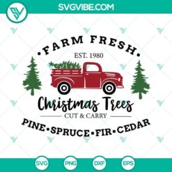 Farm Fresh Christmas Trees SVG files for Cricut and Silhouette machines, includes PNG and DXF formats, perfect for holiday crafts.