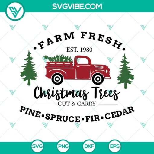 Farm Fresh Christmas Trees SVG files for Cricut and Silhouette machines, includes PNG and DXF formats, perfect for holiday crafts.