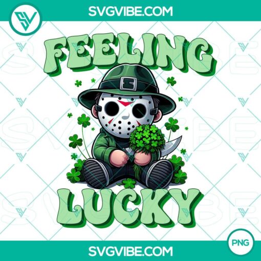 Jason Voorhees mask with Shamrock 4 Leaf Clover design, perfect for St. Patrick's Day. High-quality PNG download.