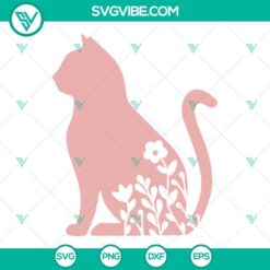 Floral cat SVG design with flowers in PNG, DXF, EPS files. whimsical cat SVG image for crafts, cut files.