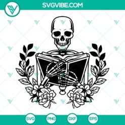 Floral skeleton with glasses reading book SVG for book lovers, humorous design in PNG and DXF files.