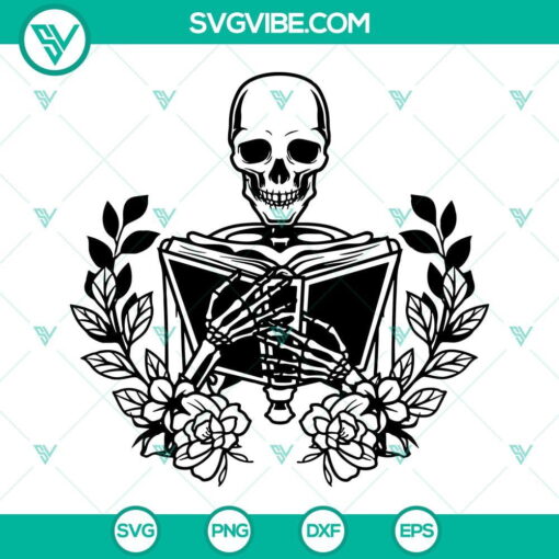 Floral skeleton with glasses reading book SVG for book lovers, humorous design in PNG and DXF files.
