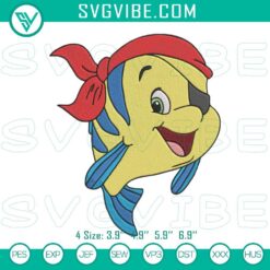 Flounder pirate embroidery designs inspired by Little Mermaid fish. Machine file for craft projects. Perfect for a nautical theme.