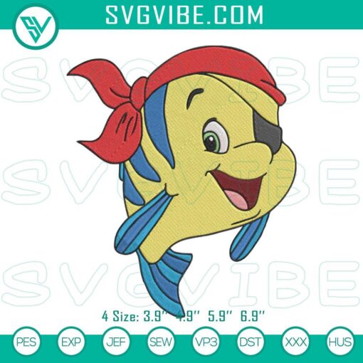 Flounder pirate embroidery designs inspired by Little Mermaid fish. Machine file for craft projects. Perfect for a nautical theme.