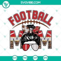 Red and white football mom design with silver accents, alongside a football leopard mom design. Perfect SVG downloads for football-loving moms.