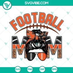 Football Mom SVG with messy bun design in black, perfect for proud football moms. Great for DIY craft projects.