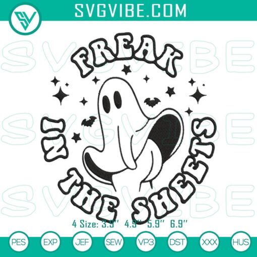 "Freak In The Sheets Halloween embroidery with humorous and spooky design, perfect for Halloween themed decor and crafts"