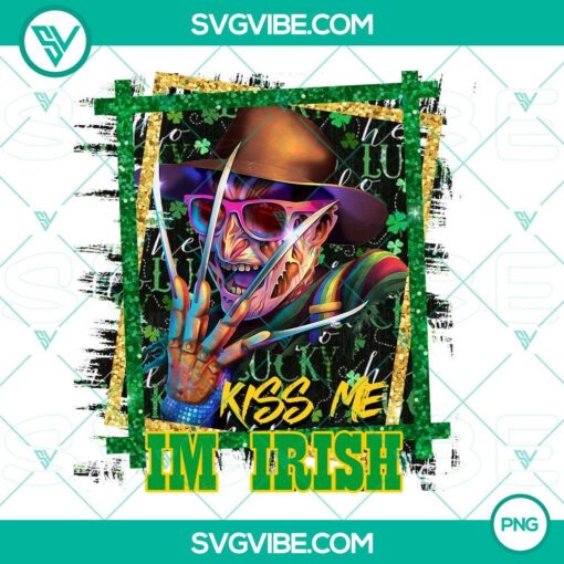 Freddy Krueger St Patricks Day character with "Kiss Me I'm Irish" text, PNG file for download.