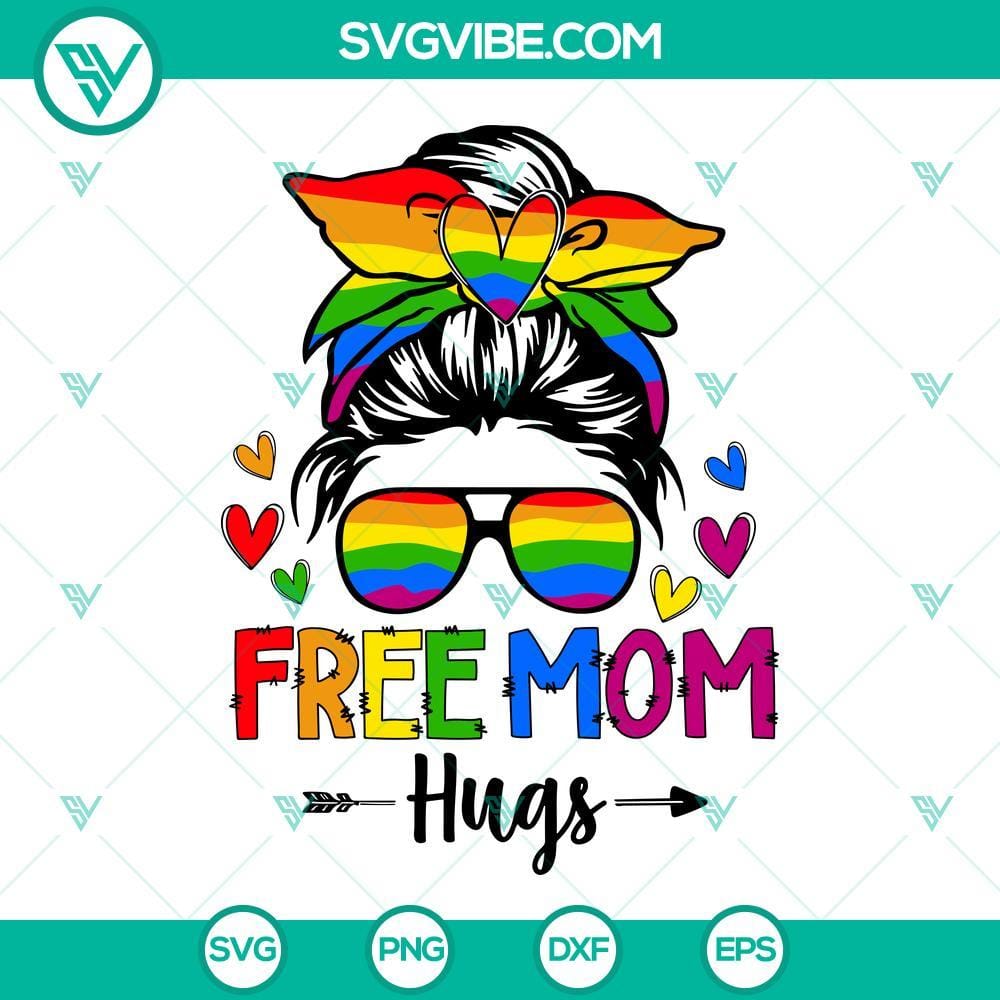 Free Mom Hugs Messy Bun SVG, Pride Mom SVG, LGBT Pride Month SVG PNG DXF EPS Free Mom Hugs Messy Bun SVG: Pride Mom design for LGBT Pride Month celebration, download SVG file.