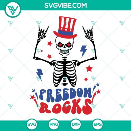 Skeleton 4th of July SVG bundle with rocks and freedom themed design, available for download in PNG, DXF, and EPS formats.