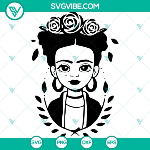 Chibi Frida Kahlo silhouette digital files in SVG, PNG, DXF, and EPS formats, ideal for crafts and digital art.