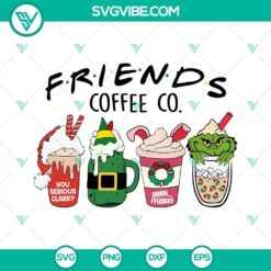 Friends Coffee Co Christmas SVG images featuring festive friends enjoying coffee, perfect for holiday crafts. Download Friends Christmas Coffee SVG.
