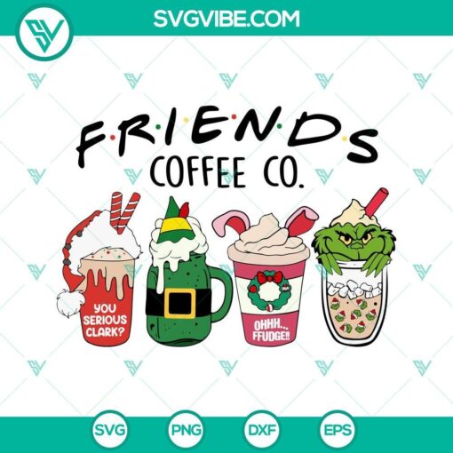 Friends Coffee Co Christmas SVG images featuring festive friends enjoying coffee, perfect for holiday crafts. Download Friends Christmas Coffee SVG.