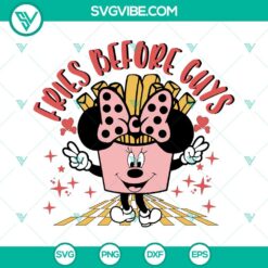 "Fries Before Guys and Curlies Before Girlies SVG images featuring Mickey and Minnie Mouse, perfect for crafts and merch. Download now!"