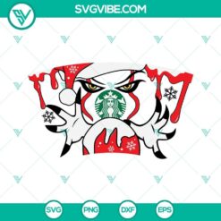 Creepy Pennywise clown with Christmas theme in Starbucks coffee cup, horror SVG images for festive crafts and fun.