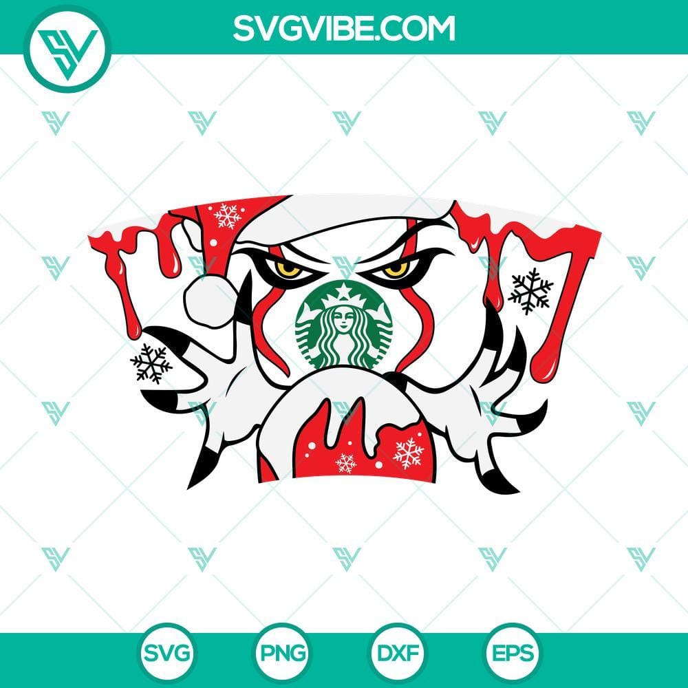 full-wrap-christmas-pennywise-clown-starbucks-svg-horror-clown-christmas-starbucks-cup-svg-2-mockup.jpg Creepy Pennywise clown with Christmas theme in Starbucks coffee cup, horror SVG images for festive crafts and fun.
