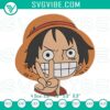 Luffy character embroidery design file from One Piece anime with a humorous twist. Ideal for anime fans and craft enthusiasts.