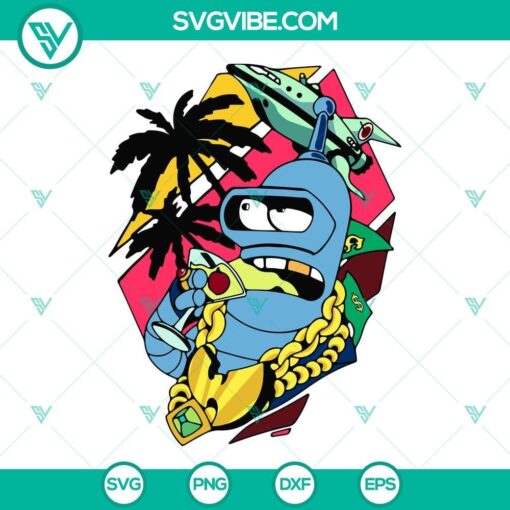 Futurama Bender SVG cut files for Cricut and Silhouette machines with PNG, DXF, and EPS formats. Ideal for crafting projects.