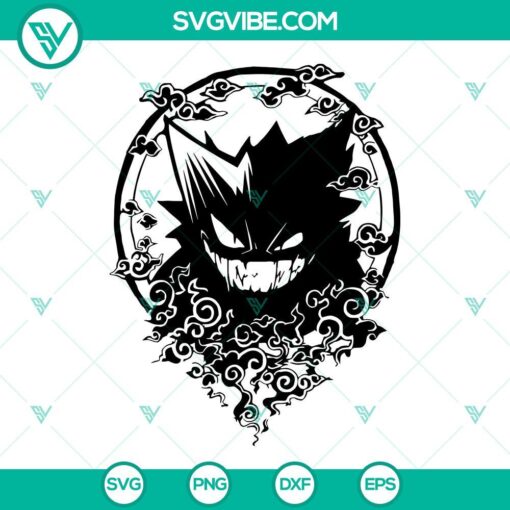 Gengar Pokemon SVG files for cutting machines, featuring PNG, DXF, and EPS formats for crafting projects.