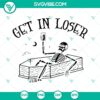 Skeletons themed SVG files with "Get In Loser" and "Skeletons Drink Coffee" designs for Halloween decor. Download now.