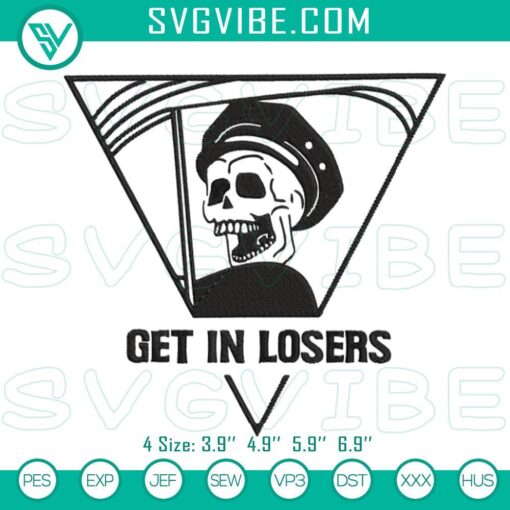 Skeleton embroidery files with "Get In Losers" and Benny Halloweentown design, perfect for Halloween crafts and decorations.