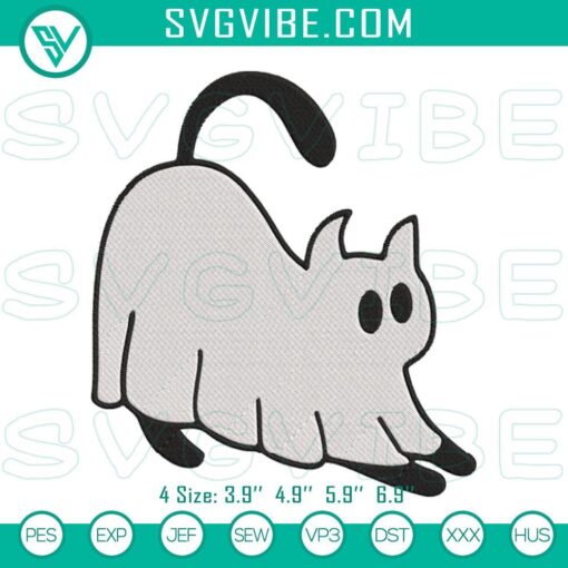 Spooky & cute ghost cat Halloween embroidery design machine file with feline theme, perfect for Halloween projects.