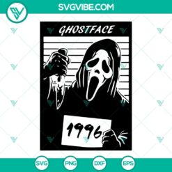 Ghostface 1996 SVG images for Cricut, including PNG, DXF, EPS formats. Ideal for horror movie fans and Halloween crafting projects.