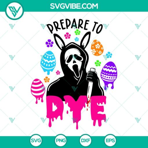Ghostface Prepare To Dye SVG Image, Scream Easter Bunny SVG Download, Horror-themed Easter design with Ghostface mask, dye, and blood splatter.