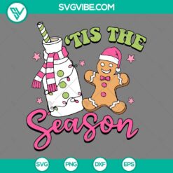 Gingerbread Tis The Season SVG Files, Gingerbread With Pink Santa Hat SVG Files