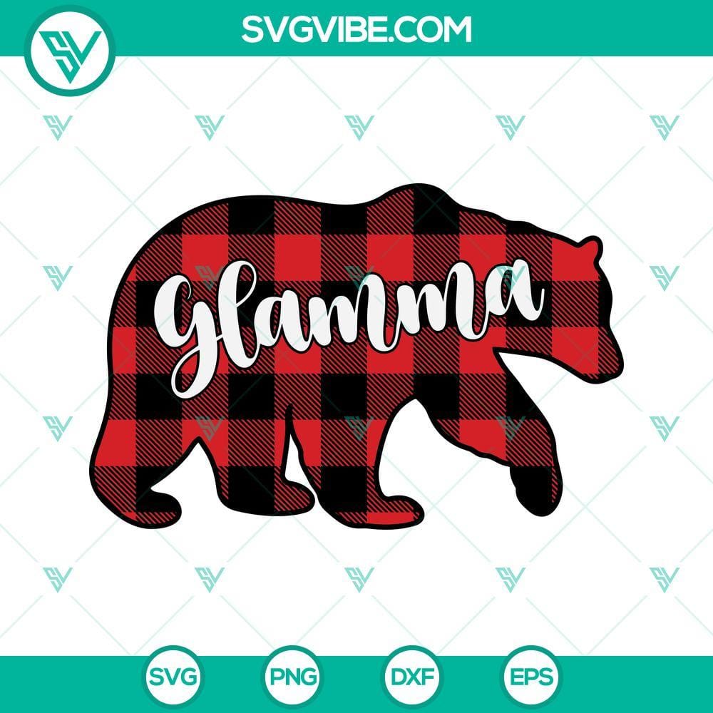 Glamma Svg, Grandma Svg Files, Buffalo Plaid Glamma Bear Svg Png Dxf Eps Cricut Buffalo Plaid Glamma Bear SVG and PNG files, perfect for Grandma, with stylish design elements.