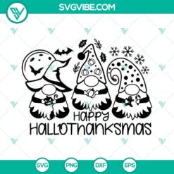 Gnome Happy Hallothanksmas SVG design with pumpkins, turkeys, and Halloween elements - SVG download for festive crafting.