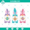 Easter gnome SVG images with three gnomes holding Easter eggs, cheerful and perfect for Easter crafts. Download SVG for Happy Easter projects.