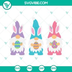 Easter gnome SVG images with three gnomes holding Easter eggs, cheerful and perfect for Easter crafts. Download SVG for Happy Easter projects.